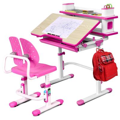 China Modern Pink Adjustable Kids Desk and Chair Set Study Table Ergonomic Winged File Shelf Storage Drawer Slanted Desk for sale