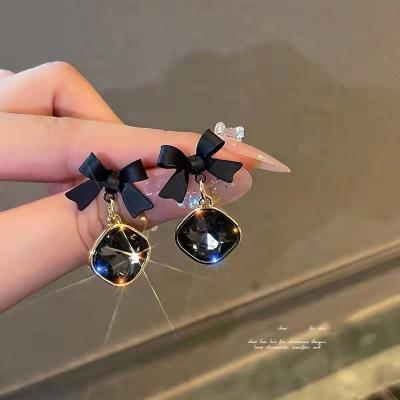 China TRENDY Korean Style S925 Silver Needle Earrings Black Bow Big Diamond Stud Earrings Girls Cute Earrings for sale