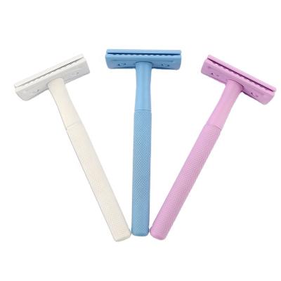 China Mint Green Blade Double Edge Colorful White Pink Colorful Exquisite Brass Long Blade Safety Razor for sale