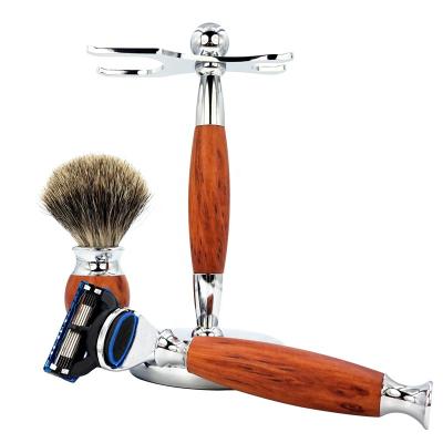 China Private Label Men's Shaving Brush Metal Five Blades Imitate Wooden Handle Gift Shaving Kit Shaving Safety Razor And Brush Set for sale