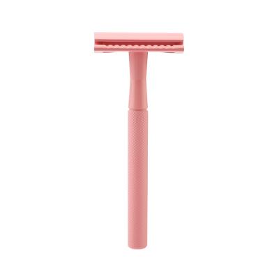 China Single Blade Pink Long Slim Textured Brass Metal Handle Double Edge Women Safety Razor for sale