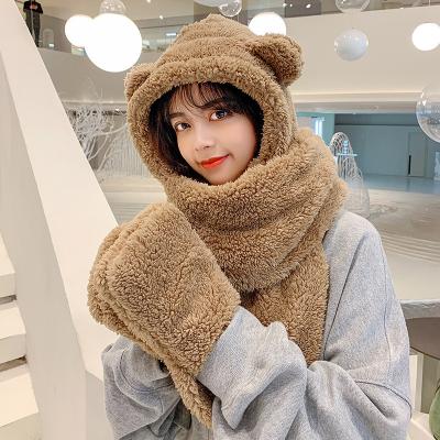 China Autumn Winter Warm Ladies COMMON 3pcs Hat Scarf Gloves Set Unisex Cute Plush Bear Knitted Scarf Hat Sets for sale