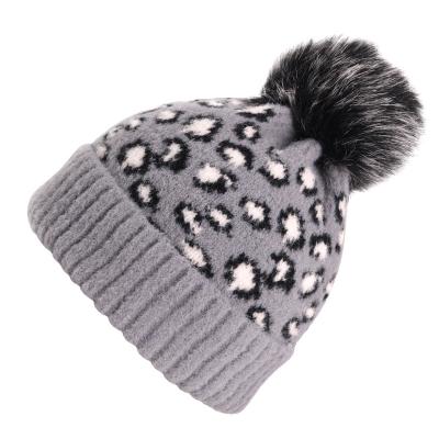 China Wholesale JOINT Fashion Leopard Pattern Wool Knit Unisex Winter Pom Pom Hat Outdoor Warm Hat for sale