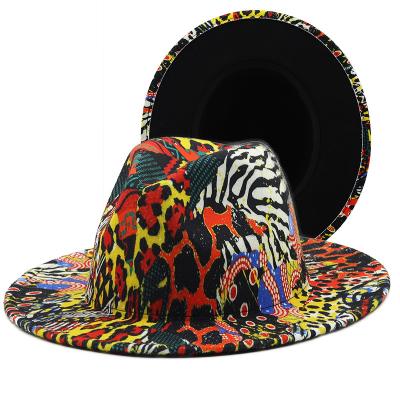 China Fashion to keep graffiti wholesale Fedora Hats Jazz Hat Leopard Print Wool double-sided color matching hot new style felt Fedora Hats for sale