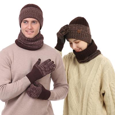 China Long Winter Warm Plush Knitted Scarf Hat Gloves Unisex Knitted Hats Gloves Scarves Set for sale