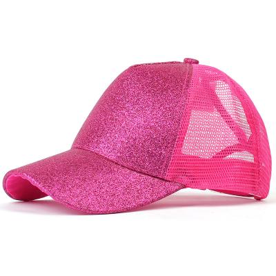 China Wholesale COMMON Bright Multicolor Cap Pony Tail Baseball Hat Gold Powder Bling Baseball Hat Sunscreen Cross Hat for sale