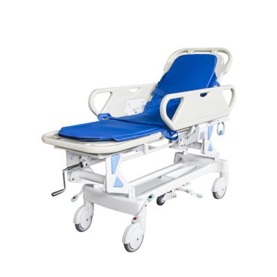 China Metal Transport Cheap Manual Patient Stretcher Medical Back Adjustable Crank Trolley BT-TR002 With ABS Plastic Rails, Wheels for sale