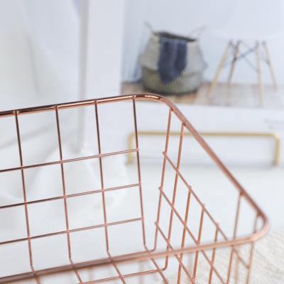 China Wholesales Household Storage Viable Rose Gold Rectangle Metal Wire Organizer Basket for sale