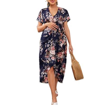 China 2020 Latest Radiation Safety Floral Print Maternity Self Belted Wrap Dresses For Photography for sale