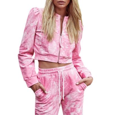 China Anti-Wrinkle Long Sleeves Women Tie Dye Workout Set Pink Autumn Casual Two Piece Sport Set for sale