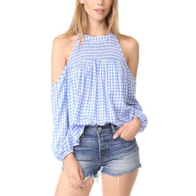 China Anti-pilling Lady's Fashion Gingham Print Smocked Elastic Design Off The Shoulder Blouse for sale