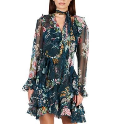 China 2021 Newest Luxury Runway Women's Anti-static V-Neck Chiffon Floral Print Sexy Dresses for sale