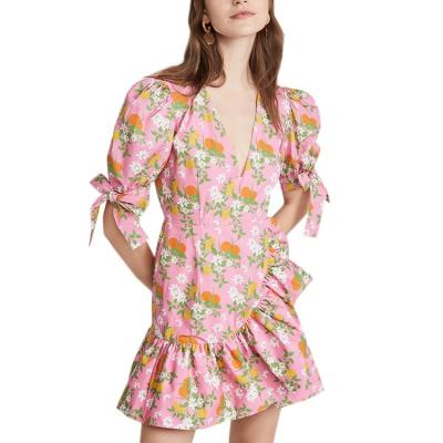 China 2021 Fashion Anti-Static Sexy Puff Sleeve Fruit Wraps Printing Mini Dress for sale