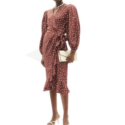 China 2021 Anti-Static Long Sleeve Polka Dot Silk Wrap Dress For Ladies Casual for sale