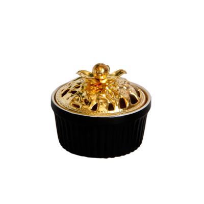 China Hotsale Arabic luxury antique black round good quality maker ceramic incense censer with metal gold lid for sale