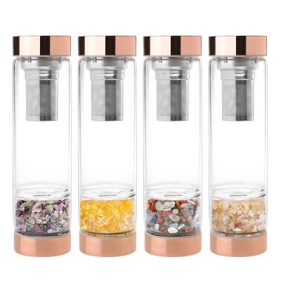 China Customized Smart Stored Gemstone Tea Infuser Water Bottles Rose Gold Stainless Steel Lid Crystal Glass Water Bottle With Custom Logo for sale