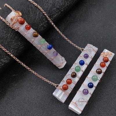 China FASHIONABLE Raw White Long Healing Crystal Pendant Chakra Necklace With Selenite Stones Chakra For Women for sale