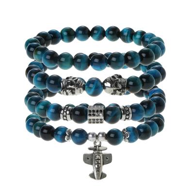 China 2020 Wholesale Natural Gemstone Pendant Bracelet Blue Skull Tiger Eye Stone Bead Bracelet Set for sale