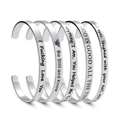 China Custom Inspirational Stainless Steel Words Stainless Steel Cuff Bangle Bracelet For Promotions for sale