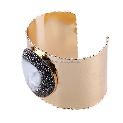 China Alloy Fashion Gemstone Bracelet Crystal Gold Plated Wide Simple Cuff Bracelet For Women for sale