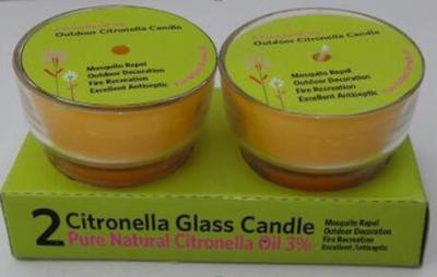 China 2PK Yellow Citronella glassl scented candle with the printed card and printed box shrinked for sale