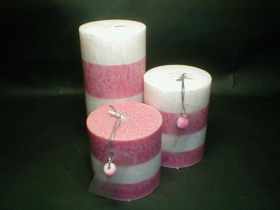 China 100% palm wax  2 color tones scented pillar candle with pearl and printing fragrance card for sale