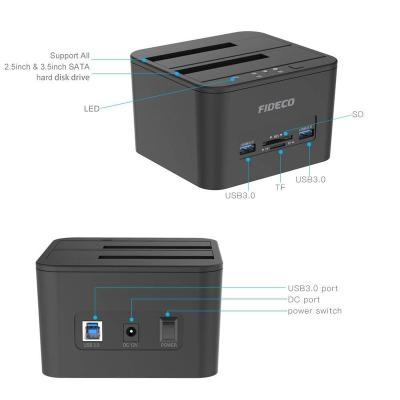 China Hard drive docking stations for sata FIDECO USB 3.0 all in 1 hdd docking station driver 2.5 external 3.5 hard drive with card reader for sale