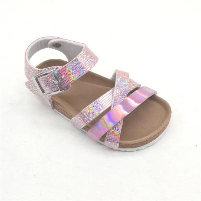 China Glitter Flat 2022 Fashions Girls Sandals With Comfortable Leather Footbed Insole And Cork Sole Kids for sale