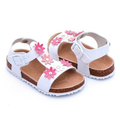 China Kids Flat Girls White Color Sandals With Top Flowers And Organic Cork Sole for sale