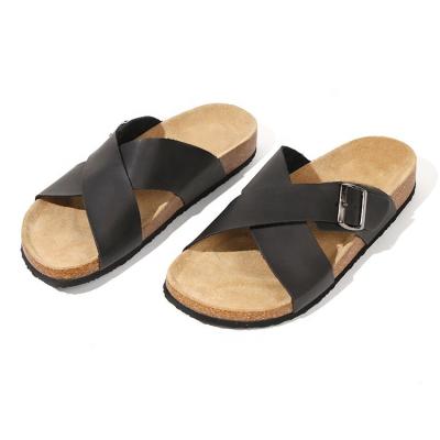 China Factory Wholesale Causal Slippers Men's Flat Cross Band Flats Sandals For Indoor Outdoor Cork Slides for sale