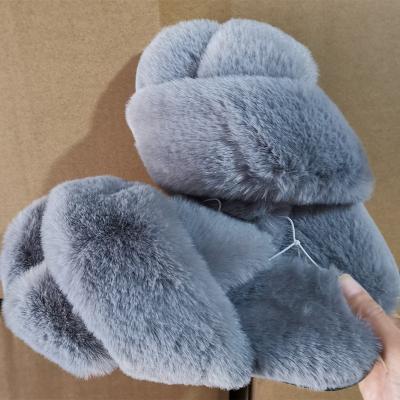 China Export Quality Rabbit Hair Plush Women's Main Cross Cushioning Straps Indoor Slippers Memory Foam Home Shoes for sale