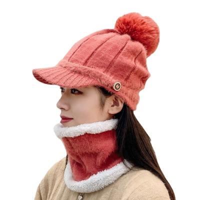 China JOINT Winter Women Knitted Hat Plush Warm Fur Ball Hat Knitted Scarf Hat Set for sale