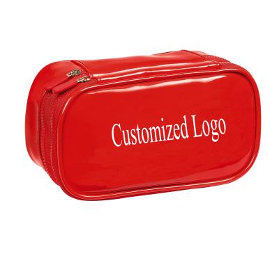 China Fashion Portable Red Double Layer PVC Vintage Makeup Custom High Capacity Cosmetic Bag for sale