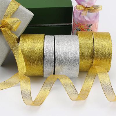 China Wholesale Recyled Christmas yarn ribbon gold silver edge shinny metallic glitter ribbon for gift wrapping for sale