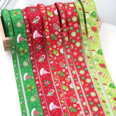 China Wholesale Custom Recyled Cartoon Printed 1inch Grosgrain Ribbon, Christmas Tree Deer Santa Claus Snowman Merry Christmas Ribbon for sale