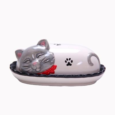 China Custom Sustainable Design Cute Animal Gray Decorative 3d Dish Cat 3D Ceramic Dish With Lid Serving Dish With A Lid for sale