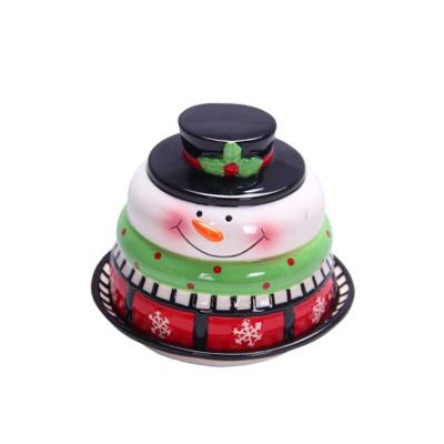 China Sustainable Unique Design Round Shape Christmas Tableware Ceramic Butter Dish Snowman With Cover for sale