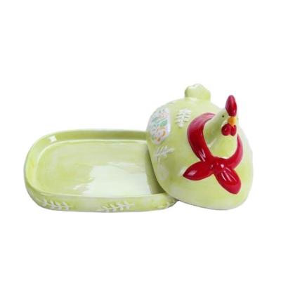 China Viable Colorful Ceramic Chicken Design Rectangle Butter Dish Holder With Lid For Sale for sale