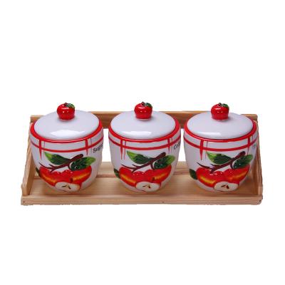 China No Factory Hot Sale Ceramic Single Colored Kitchen Canister Set With Wooden Rack for sale