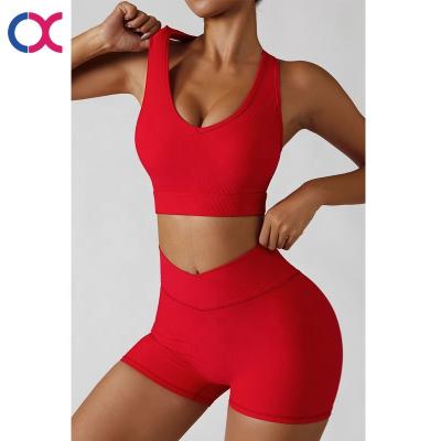 China New Best Breathable Ribbed Yoga Shorts Sets Summer High Waist Yoga Pants Sets Workout Fitness Bra Sportswear Ribbed Suit for sale