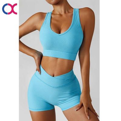 China Breathable Women Yoga Shorts And Custom Logo Bra Sets Wholesale Yoga Two Piece Sport Set High Waist V Shape Shorts Sets for sale