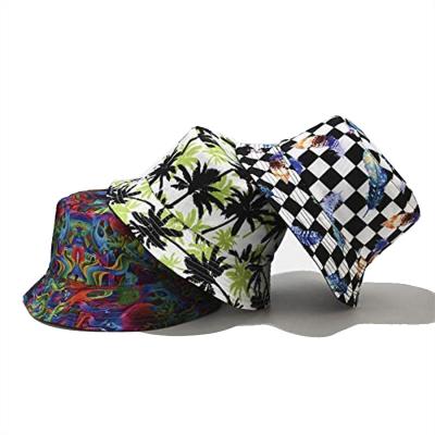 China Image Designer Reversible Custom Logo Allover Printed and Embroidered Fisherman Cotton Bucket Hat for sale