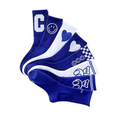 China New Arrival Klein Smiley Face Letter Heart Pattern Blue Cotton Socks High Elastic Custom Premium Cotton Socks for sale