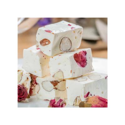 China 2021 Low Sugar New Listing Taiwan Rose Flavor Custom Candy Rose Almond Semi-Sweet Nougat for sale