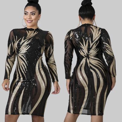 China New Design Fashion Clothing Anti-Static Long Sleeve Art Transparent Mesh See Through Round Neck Autumn Plus Size Dress for sale