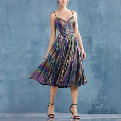 China Viable Spaghetti Straps Sexy Ladies Dress Nightclub Party Women Dresses Hollow Out Pleated Skirt for sale