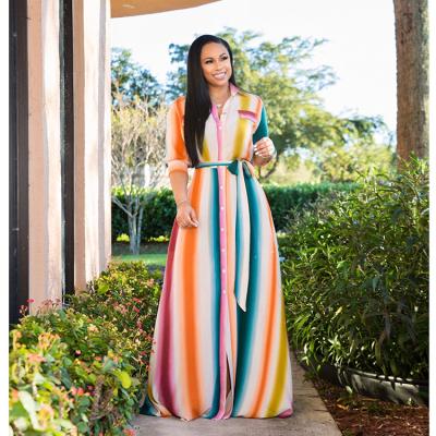 China Anti-wrinkle colorful stripe turn-collar stripe printing straight skirt with belt plus size women's dress for sale