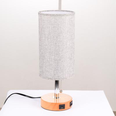 China Modem/Classic Gray USB Bedside Table Lamp, Modern Simple Desk Lamp with Wood Base and Fabric Shade, Minimalist Nightstand Lamp for sale