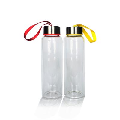 China High Borosilicate Beverage 300ml Portable Wide Mouth Cylinder Reusable Glass Drinking Water Bottle With Cap for sale