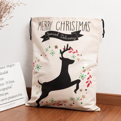 China Custom Heavy Duty Heopono OEM Cotton Canvas Drawstring Festival Decoration Happiness Parcel Christmas Package Durable Heavy Rope Bag For Gifts for sale